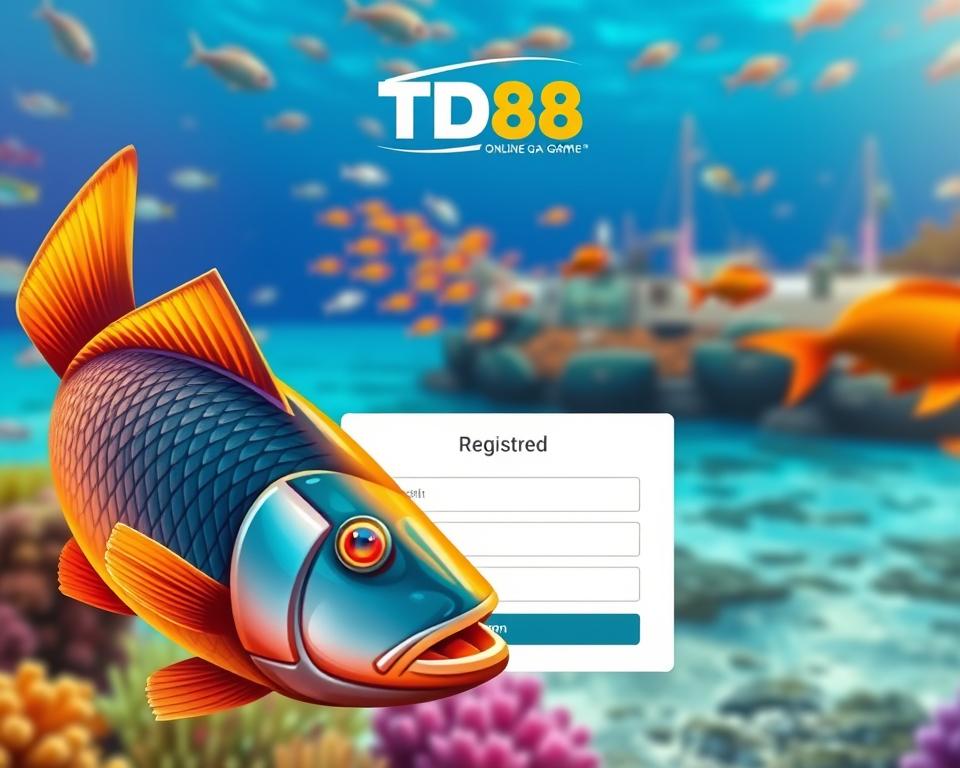 A vibrant scene of an online fishing game interface, showcasing the registration process. In the foreground, a stylized fish swims gracefully, its scales glistening under warm lighting. The middle ground features a clean, minimalist user registration form, inviting the viewer to input their details. In the background, a serene underwater landscape with schools of colorful fish creates a tranquil atmosphere. The TD88 logo is prominently displayed, signifying the brand's involvement. The overall mood is one of simplicity, ease, and the thrill of gaming.