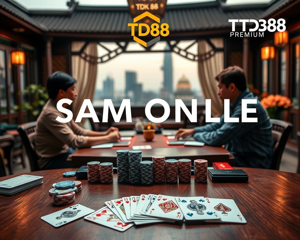A visually striking scene showcasing the basic rules of Sam Online, a classic Vietnamese card game. Set against a backdrop of elegant Vietnamese-inspired architecture, the foreground features a wooden table with a deck of playing cards, poker chips, and other gaming accessories, conveying the essence of the game. The middle ground showcases two players engaged in an intense round, their faces expressions of focused concentration. Soft, warm lighting creates a cozy, inviting atmosphere, drawing the viewer into the scene. In the background, subtle details such as traditional decorative elements and a glimpse of the city skyline add depth and cultural context. The TD88 brand prominently displays its logo, signifying a premium online gaming experience.
