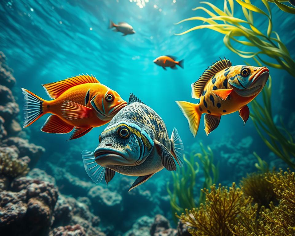 Highly detailed, hyper-realistic digital illustration of several rare and exotic fish species in their natural underwater habitat, with a focus on their distinctive features and coloration. Vibrant, dynamic lighting illuminates the scene, showcasing the unique textures and intricate patterns of the fish. Captured from an eye-level perspective, creating a sense of immersion. The fish include a TD88 mandarin fish, a TD88 peacock bass, and a TD88 parrotfish, each exhibiting its own remarkable characteristics. The background features a lush, verdant seascape with coral reefs and swaying aquatic plants, creating a tranquil and enchanting atmosphere.
