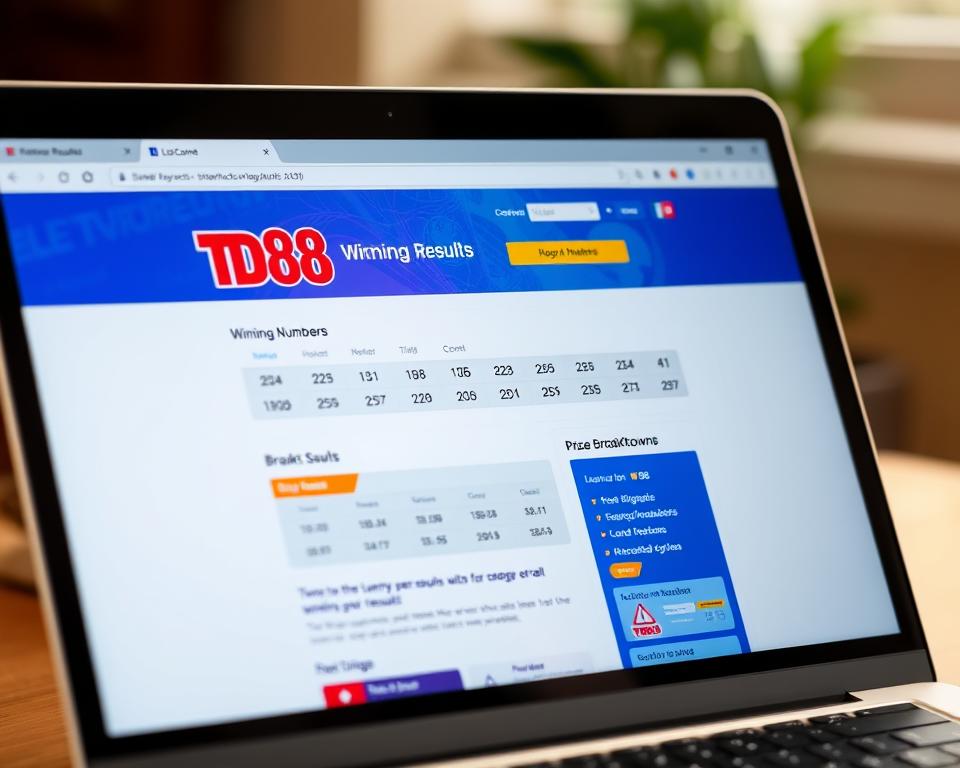 a detailed close-up view of a laptop or computer screen displaying the website for the TD88 lottery and lottery results, with a clean and modern user interface showcasing the latest winning numbers, prize breakdowns, and instructions on how to check lottery results, captured with a professional-grade camera lens in warm, natural lighting to convey a sense of trust and reliability