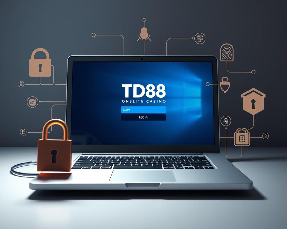 a highly detailed and photorealistic illustration of a laptop computer screen displaying the login interface for an online casino, with the brand name "TD88" prominently featured. The screen is surrounded by a variety of security-related elements, including a padlock icon, a biometric authentication device, and various encryption symbols. The overall composition conveys a sense of digital security and protection, with a sleek and modern aesthetic. The lighting is soft and directional, creating depth and highlighting the key features. The angle is slightly elevated to provide a clear view of the screen and surrounding elements.