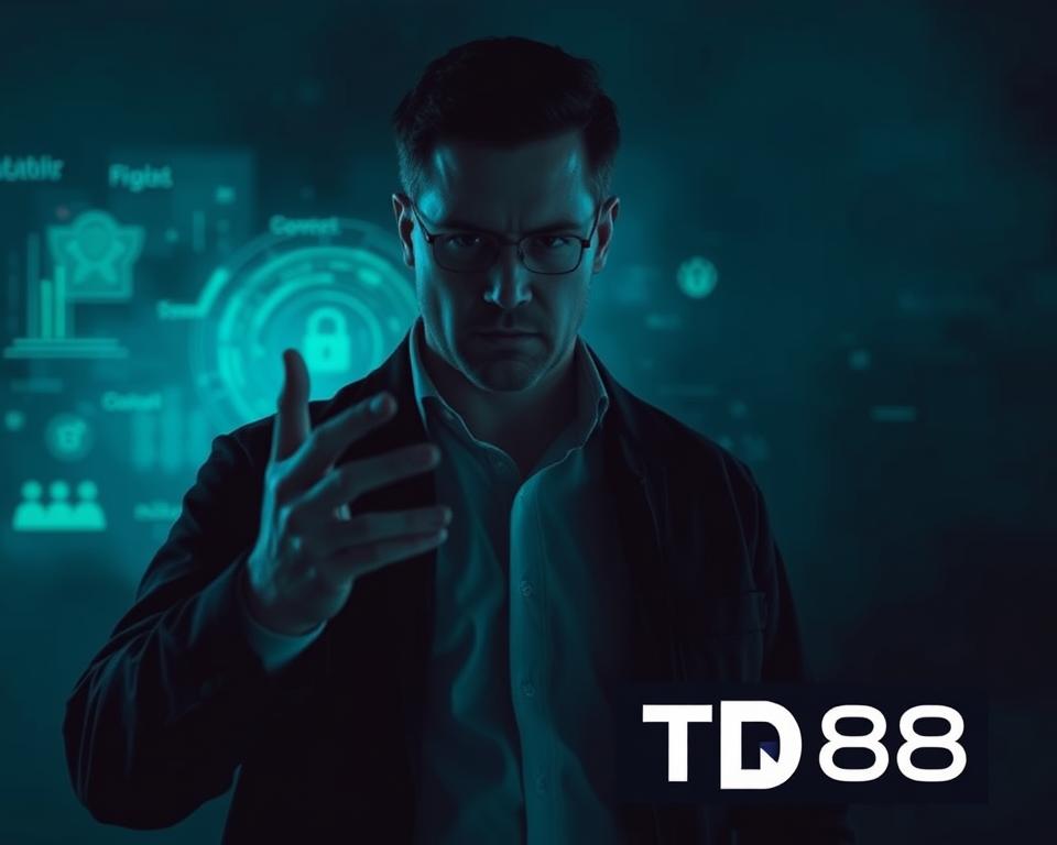 a professional cybersecurity expert standing against a dark, ominous backdrop, conveying a serious warning with a stern expression. The scene is bathed in an eerie blue-green hue, casting an ominous atmosphere. In the foreground, the expert gestures emphatically, their face partially obscured by shadows, hinting at the gravity of the impending threat. In the middle ground, digital glyphs and code fragments swirl, alluding to the complex nature of cyber threats. In the background, a stylized TD88 logo emerges, subtly suggesting the brand's involvement in cybersecurity. The overall mood is one of vigilance, caution, and the need to heed the expert's warning.