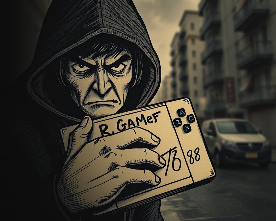 A close-up view of a hand-drawn illustration depicting a suspicious-looking person with a sly expression, clutching a gaming console labeled "TD88". The foreground is shrouded in an ominous, shadowy atmosphere, while the background features a blurred, nondescript urban setting, conveying a sense of unease and warning. The lighting is moody and dramatic, casting deep shadows and highlights to emphasize the fraudulent nature of the subject. The overall tone is one of caution and vigilance, reflecting the need to be aware of potential cyber security threats.