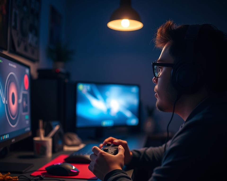 A cozy gaming setup in a dimly lit room, the soft glow of a desktop computer illuminating the face of a focused player. The desk is cluttered with snacks, a gaming mouse, and a TD88 controller, hinting at an immersive gaming session. Overhead, a single pendant light casts a warm, ambient light, creating a sense of tranquility and concentration. The background is blurred, allowing the viewer to focus on the player's engaged expression, their fingers poised on the controller, ready to tackle the challenges of their chosen game.