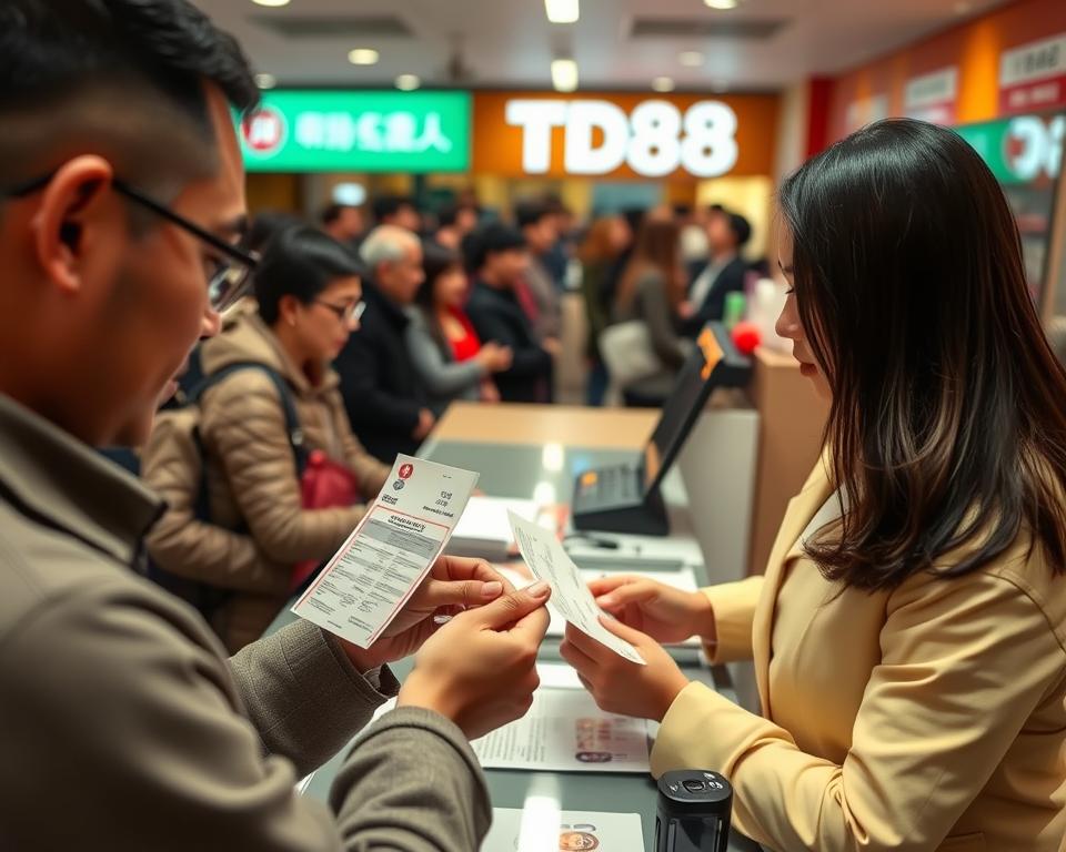 A detailed step-by-step process of redeeming a winning lottery ticket at a TD88 lottery agent. In the foreground, a customer carefully examines their ticket, with a friendly agent assisting them at the counter. The middle ground shows the agent carefully verifying the ticket and preparing the necessary paperwork. In the background, orderly queues of other customers await their turn, creating a sense of an efficient, well-organized lottery redemption system. The lighting is warm and inviting, with a slight soft focus to emphasize the focal points. The overall atmosphere conveys a smooth, professional lottery ticket redemption experience.