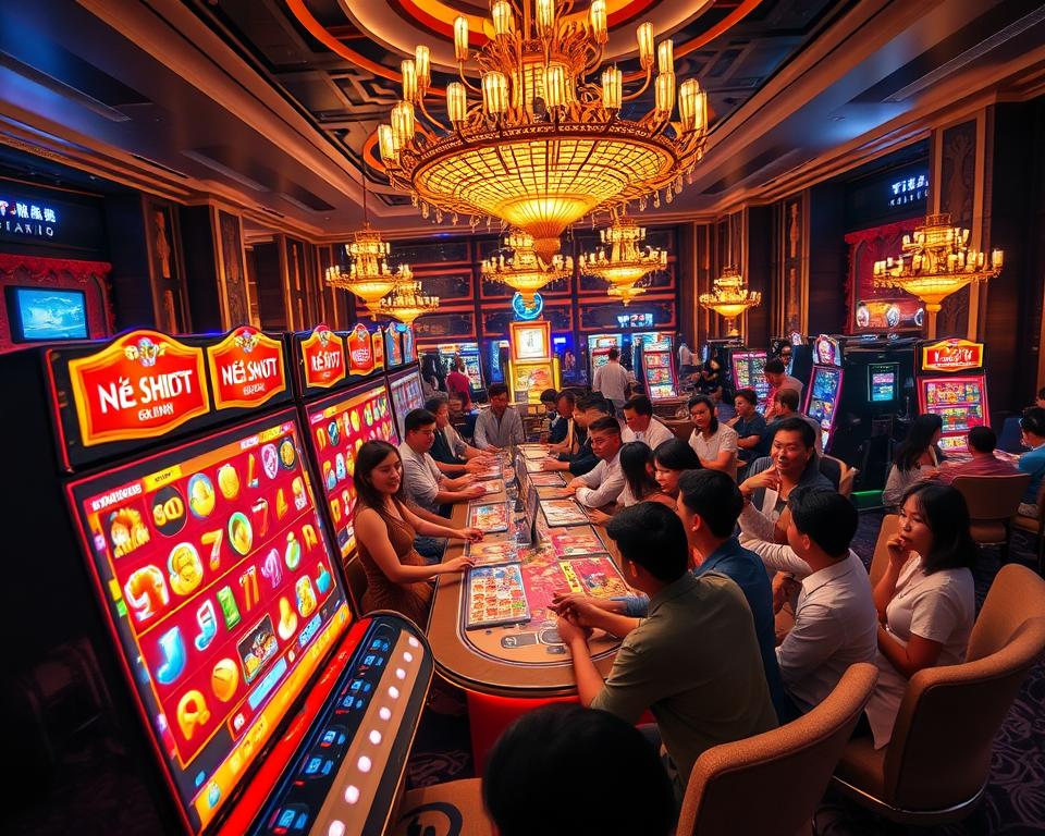 A highly detailed and immersive scene of a popular online casino game platform, "TD88", featuring a large group of players engaged in an exhilarating round of "nổ hũ" (jackpot slot machine). The foreground showcases the vibrant slot machine interface with dazzling reels, flashing lights, and dynamic animations. The middle ground depicts a diverse array of players, each with distinctive expressions of excitement and anticipation, seated around a stylishly designed gaming table. The background sets the scene with a sophisticated and luxurious casino environment, complete with opulent decor, grand chandeliers, and a palpable atmosphere of high-stakes thrills. The lighting is a perfect balance of warm, inviting tones and dramatic shadows, creating a captivating and immersive visual experience.