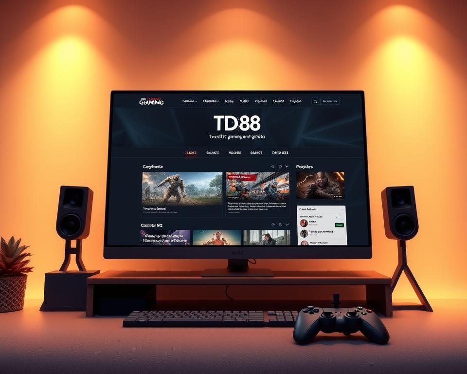 A highly detailed and realistic digital illustration depicting an elegant, modern gaming website showcasing authoritative information about online games. The website's interface features a clean, minimalist design with a prominent "TD88" logo in the header. The layout prominently displays a curated selection of trustworthy gaming news and guides, conveying a sense of professionalism and credibility. The scene is bathed in warm, soft lighting, creating a welcoming and informative atmosphere. The overall composition emphasizes the website's role as a reliable source of official gaming information.