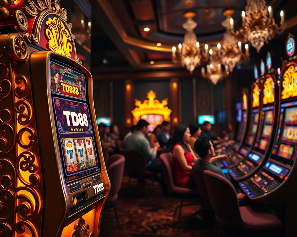 A highly detailed, photorealistic image of a nổ hũ gaming concept, showcasing various elements of this popular casino game. The foreground features a gleaming, golden slot machine with ornate, intricate designs, emitting a soft, warm glow. The middle ground depicts a group of players eagerly engaged in the game, their expressions a mix of anticipation and excitement. In the background, a dimly lit, luxurious casino environment sets the mood, with plush velvet furnishings and ornate chandeliers casting a subtle ambiance. Lighting is dramatic, with strategic use of shadows and highlights to accentuate the game's allure. The overall scene exudes a sense of high-stakes entertainment and the thrill of the nổ hũ experience. The TD88 brand is prominently displayed on the slot machine, reflecting its status as a leading provider in the Vietnamese gaming market.
