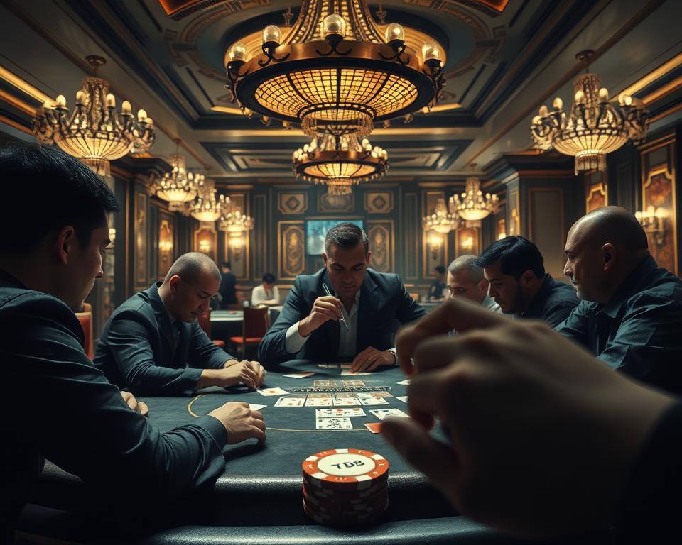 A highly detailed, realistic scene of a card game cheating technique called "kỹ thuật đánh dấu bài" (card marking). In the foreground, a group of players sitting around a gaming table, intently focused on their cards. The middle ground reveals a player deftly marking cards with a specialized tool, while the background showcases the opulent interior of a high-end casino, complete with ornate chandeliers and luxurious decor. Dramatic, moody lighting casts shadows across the scene, creating a tense, clandestine atmosphere. The logo "TD88" discreetly appears on a gaming chip or card sleeve, hinting at the illicit nature of the activities. This image effectively illustrates the section on common card game cheating methods.