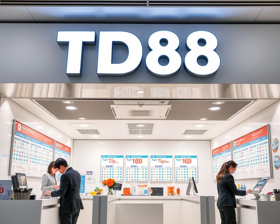A modern, well-lit lottery ticket shop with the sign "TD88" prominently displayed. The interior features clean, minimalist design with bright lighting and sleek counters. Lottery tickets, pens, and signage are neatly arranged, conveying an atmosphere of professionalism and trustworthiness. The shop's employees, dressed in smart uniforms, assist customers at the counters. The overall scene exudes a sense of order, efficiency, and reliability, reflecting the high-quality services offered by this reputable lottery ticket agency.
