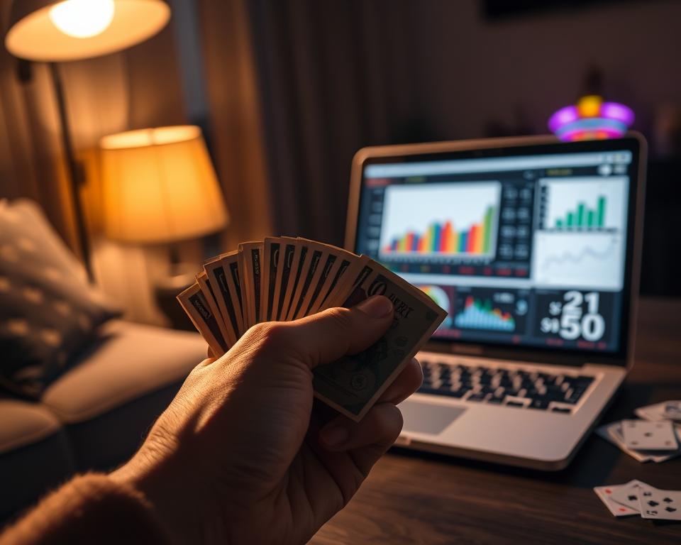 A serene and thoughtful scene of a person meticulously managing their TD88 gambling bankroll. In the foreground, a hand delicately counts a stack of crisp, colorful bills against a backdrop of a dimly lit, cozy room. Warm lighting casts a soft glow, creating an atmosphere of concentration and financial prudence. In the middle ground, a laptop displays charts and graphs, hinting at a strategic approach to long-term sustainability. The background features muted tones, with subtle nods to the excitement of gambling, like the faint outline of a slot machine or a deck of cards, all while maintaining a sense of control and responsible decision-making.