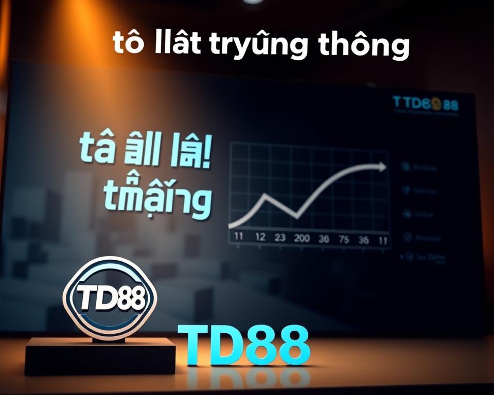 A sleek and modern interface depicting the concept of "tỷ lệ trúng thưởng" (winning odds) for a fast lottery game. The design features bold, clean typography in Vietnamese script, accented by a minimalist color palette of blues and grays. In the foreground, a stylized TD88 logo stands out, hinting at the brand behind the lottery. The middle ground showcases a graphical representation of the odds, perhaps in the form of a probability chart or data visualization. The background evokes a sense of technological sophistication, with subtle geometric patterns or a blurred cityscape. Warm, directional lighting creates depth and highlights the key elements. The overall mood is one of excitement and anticipation, capturing the thrill of the lottery experience.