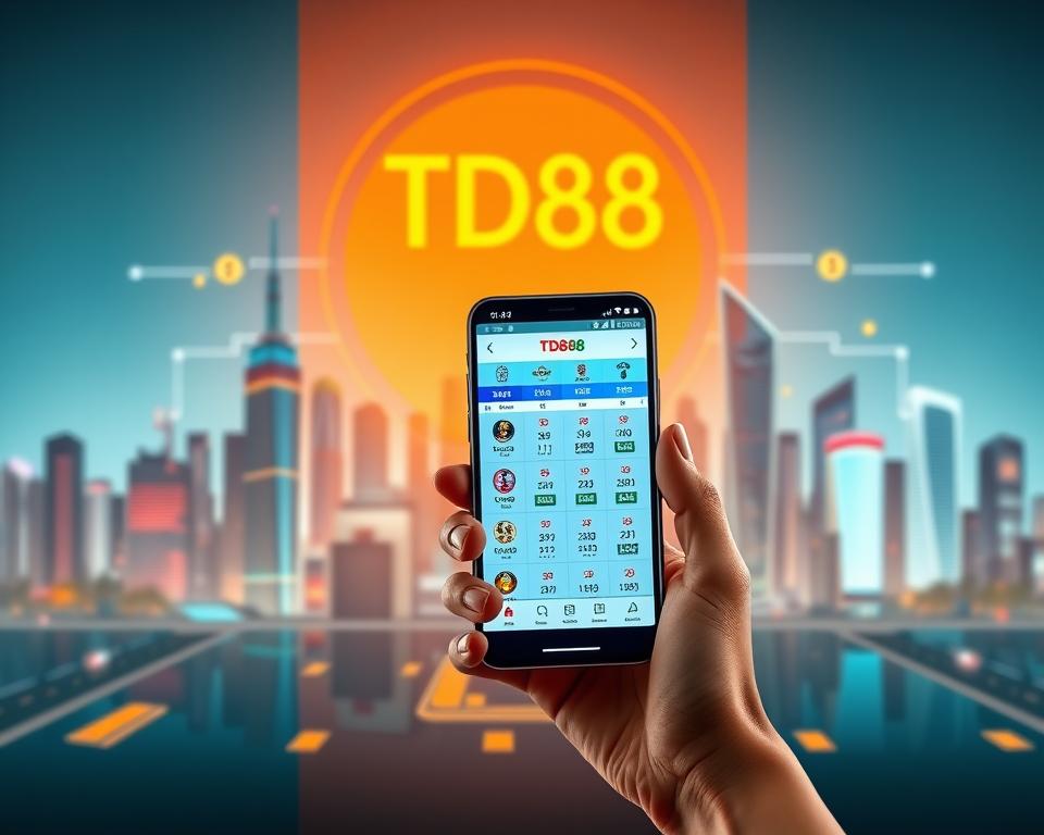 A vibrant digital lottery ticket against a sleek, minimalist backdrop. In the foreground, a hand holding a smartphone displays the TD88 lottery app, its interface showcasing the various game options. The middle ground features a stylized representation of the electronic lottery system, with data streams and digital currency symbols. In the background, a cityscape with skyscrapers and neon lights conveys the sense of a bustling, tech-savvy urban environment. The overall mood is one of modernity, convenience, and the seamless integration of technology into everyday life. Lighting is warm and slightly futuristic, with a focus on clean lines and a sophisticated color palette.