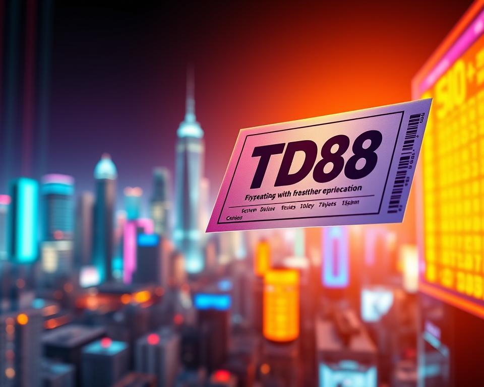 A vibrant digital lottery ticket floats against a backdrop of futuristic neon lights, casting a warm glow. In the foreground, the bold "TD88" brand logo stands out, signifying the cutting-edge technology powering this electronic ticketing system. The middle ground showcases a collection of glowing digital elements, representing the seamless integration of mobile devices and secure online platforms. In the distance, a cityscape of towering skyscrapers and shimmering holograms sets the stage for this innovative digital lottery experience. The overall scene conveys a sense of progress, convenience, and the boundless possibilities of the electronic lottery revolution.