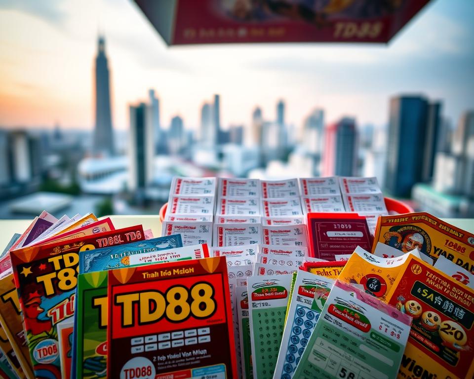 A vibrant display of the most popular lottery ticket options in Vietnam, captured with a crisp, high-resolution lens. In the foreground, an array of colorful TD88 lottery tickets takes center stage, their intricate designs and varied denominations showcasing the diversity of gaming choices. The middle ground features a neatly organized selection of traditional lottery slips, their familiar layouts and numerical patterns hinting at the rich history of this beloved pastime. In the background, a softly blurred cityscape sets the scene, evoking the lively urban energy that surrounds the lottery experience. The overall composition conveys a sense of excitement and anticipation, perfectly capturing the essence of the "Cách chơi xổ số nhanh tại Việt Nam" section.