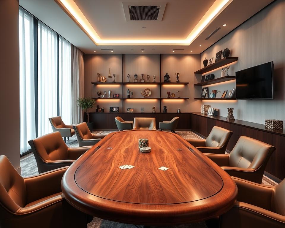A well-lit, modern game room with sleek, minimalist furniture and decor. In the center, a large, wooden table with plush chairs around it, ready for a high-stakes game of cards. On the table, a deck of playing cards and poker chips, arranged neatly. The walls are adorned with stylish shelves displaying various gaming memorabilia and trophies, conveying a sense of prestige and expertise. Soft, ambient lighting creates a warm, inviting atmosphere, while large windows allow natural light to filter in, casting a glow over the scene. The overall impression is one of a secure, sophisticated gaming environment, designed to prevent any potential for TD88 game fraud or cheating.